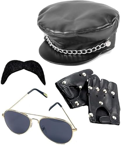 Dreamzfit - Herren 80er Jahre Punk Biker Kostüm Accessoires - Schwarz Cap Mit Kette, Fliegerbrille, Handschuhe & Schnurrbart - Steampunk YMCA Karneval Cosplay Mottoparty Verkleidung von Dreamzfit