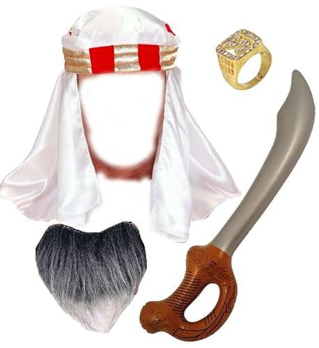 Dreamzfit - Kostüm für Erwachsene, arabisches Scheich, Prinzenkrieger, Kostüm-Zubehör – arabisches Kopfstück + Bart + 2 Ringe + aufblasbares Schaukel ~ Requisiten für Halloween Karneval Partys von Dreamzfit
