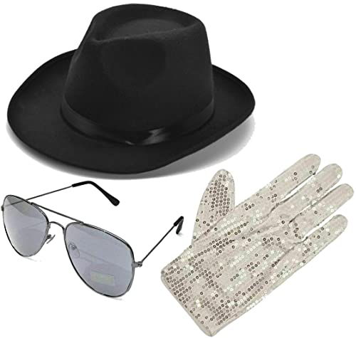 Dreamzfit Michael Jackson Hut für Erwachsene, Paillettenhandschuh und Fliegerschattierungen, Set – Popstar, Gangster, Cosplay, Party, Kostüm, Schwarz Dreamzfit Michael Jackson Hut für Erwachsene, Paillettenhandschuh und Fliegerschattierungen, Set – Popstar, Gangster, Cosplay, Party, Kostüm, Schwarz von Dreamzfit
