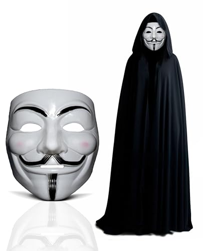 Dreamzfit - V for Vendetta Guy Fawkes Kostüm Kit | Anonymous Hacker Maske + Schwarzer Kapuzenumhang für Erwachsene Unisex Halloween Karneval Party Kleid Zubehör von Dreamzfit