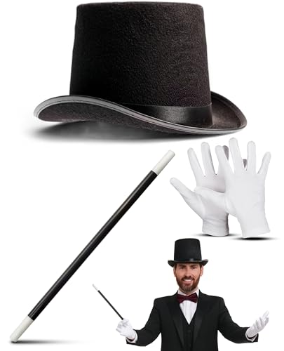 Dreamzfit - Zauberer für Erwachsene, 3-teiliges Set, schwarzer Zylinder + Zauberstab + weiße Handschuhe – für Herren und Damen, Cosplay-Party, Zauberer-Zubehör-Set Dreamzfit - Zauberer für Erwachsene, 3-teiliges Set, schwarzer Zylinder + Zauberstab + weiße Handschuhe – für Herren und Damen, Cosplay-Party, Zauberer-Zubehör-Set von Dreamzfit