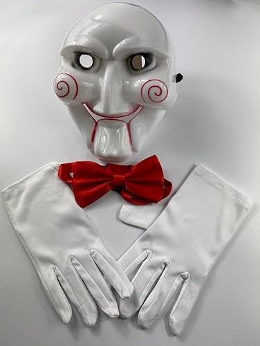 Halloween-Kostüm für Erwachsene, Unisex, Horror-Kostüm, Sägemaske + rote Fliege + weiße Handschuhe ~ The Puppet Scary Purge Cosplay Mottoparty Verkleidung Outfit Halloween-Kostüm für Erwachsene, Unisex, Horror-Kostüm, Sägemaske + rote Fliege + weiße Handschuhe ~ The Puppet Scary Purge Cosplay Mottoparty Verkleidung Outfit von Dreamzfit