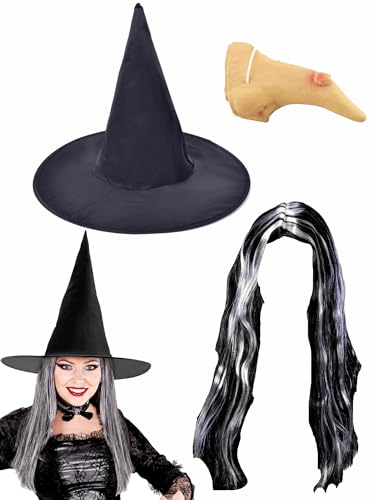 Hexenhut für Damen, schwarz, mit grauem Haar + Hexennase, Halloween, Gothic, Märchen, gruselige Hexe/Zauberer, Party, Verkleidung, Cosplay, Kostümzubehör von Dreamzfit
