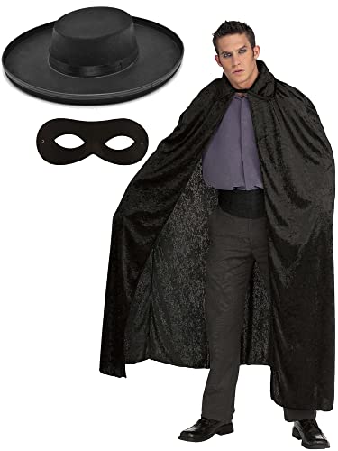 Zorro Bandit Spanischer Assassin Superhelden-Dieb, Kostüm-Zubehör-Set mit schwarzem Zorro-Filzhut + Augenmaske + Crushed Velvet Cape von Dreamzfit