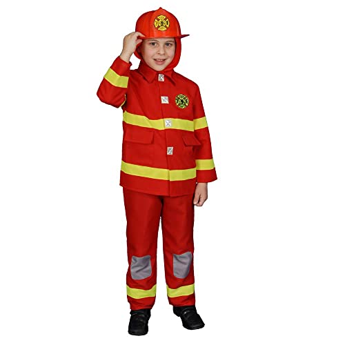Dress Up America 367-S Feuerwehrmen-Kostümset für Jungen Klein Deluxe Fire Fighter Kinderkostüm und Helm, Rot, Größe 4-6 Jahre (Taille: 71-76 Höhe: 99-114 cm) von Dress Up America