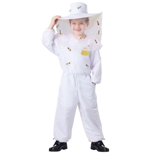 Dress Up America Imkerkostüm für Kinder - Weißes Bienenlederkleid - beinhaltet einen Overall und eine Mütze mit angenähtem Schleier von Dress Up America