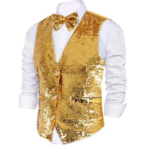 Dress Up America Paillettenweste mit Fliege - Gold Glänzender V-Ausschnitt für Herren von Dress Up America