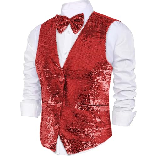 Dress Up America Paillettenweste mit Fliege - Rot Glänzend V-Ausschnitt Für Herren von Dress Up America