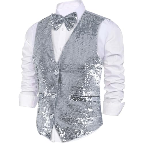 Dress Up America Paillettenweste mit Fliege - Silber Glänzender V-Ausschnitt für Herren von Dress Up America