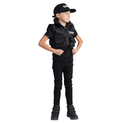 Dress Up America SWAT Kostüm Kinder – SWAT-Weste und Mütze im Set – SWAT-Rollenspiel-Weste und Mütze für Kinder (8–14 Jahre (Taille:76–96, Größe: 114–145 cm)) von Dress Up America