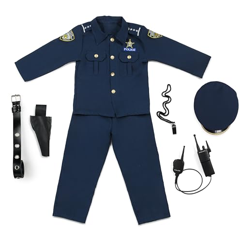 Dress Up America Polizeikostüm für Kinder– Polizeikostüm Kinder Inklusive Hemd, Hose, Hut, Gürtel, Trillerpfeife, Pistolenhalfter und Walkie-Talkie-Cop-Set - Rollenspiel-Polizei Kostüm Kinder von Dress Up America