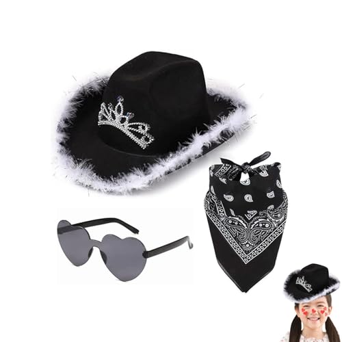 Dreuhuing Cowboyhut, Cowboy Hut Damen Glitzer, Cowboy Hut für Damen, Filz-Cowgirl Hut mit Feder Bandana und Gläser, Mütze Kopfbedeckung für Cosplay Party Halloween Karneval Kostüm Zubehör Geburtstag Dreuhuing Cowboyhut, Cowboy Hut Damen Glitzer, Cowboy Hut für Damen, Filz-Cowgirl Hut mit Feder Bandana und Gläser, Mütze Kopfbedeckung für Cosplay Party Halloween Karneval Kostüm Zubehör Geburtstag von Dreuhuing