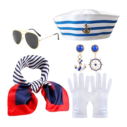 Dreuhuing Sailor Kostümzubehör, Yacht Captain Outfit,Navy Hut Schal Ohrringe Handschuhe für Erwachsene | 5x Dressing Kleidung für Kreuzfahrten nautische Cosplay -Party Dreuhuing Sailor Kostümzubehör, Yacht Captain Outfit,Navy Hut Schal Ohrringe Handschuhe für Erwachsene | 5x Dressing Kleidung für Kreuzfahrten nautische Cosplay -Party von Dreuhuing
