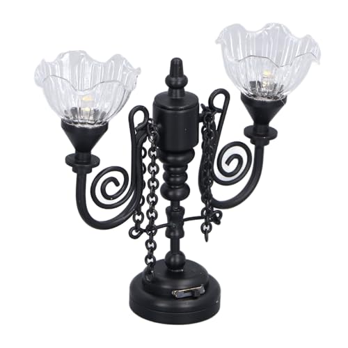 Drfeify Doppelköpfige Blumen-Kronleuchterleuchte, Retro-Miniatur-Deckenlampe für Puppenhaus-Dekorationszubehör (Black) von Drfeify