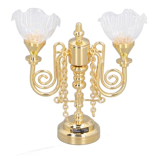 Drfeify Doppelköpfige Blumen-Kronleuchterleuchte, Retro-Miniatur-Deckenlampe für Puppenhaus-Dekorationszubehör (Gold) von Drfeify