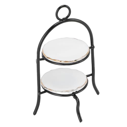 Drfeify Miniatur 2 -Tier -Kuchenständer mit 4 Stcs -Tellern, Eisenkeramikpuppenhausdekorationszubehör, weiß, für 1:12 Dollhouse Wohnzimmerdekoration (Black) von Drfeify
