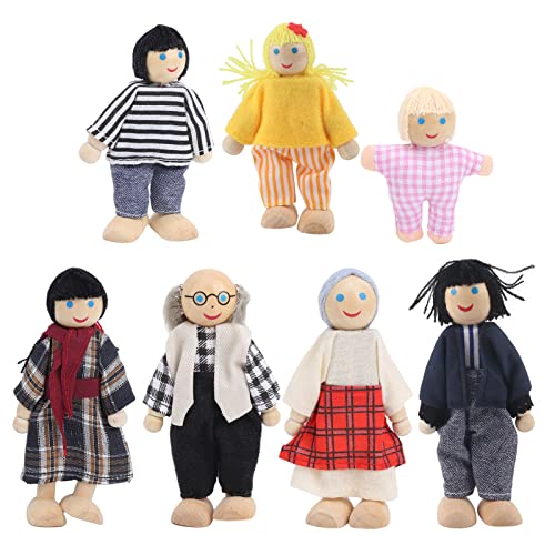 Familienpuppenfiguren, Kiefernholz, Miniatur-Menschen-Spielzeugset, Ornament, pädagogisches Puppenhaus-Zubehör, weicher Körper, Flexible Gliedmaßen, Rollenspiele für Kinder von 1 (New Puppet 7-Piece) von DriKou