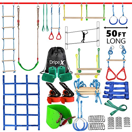 Dripex Slackline Kinder, Ninja Slackline 2×15m und Ninja Warrior Hindernisparcours Garten im Freien,Ninja Parcours Kinder mit Schaukel, Kletterleiter, Kletternetz und Baumschutz, geeignet für Anfänger von Dripex