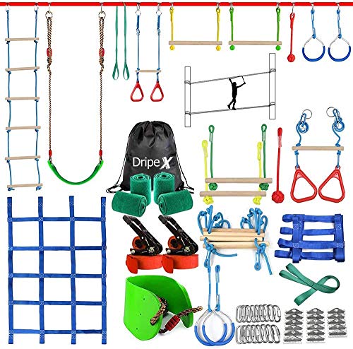 Dripex Ninja Slackline mit Hindernisparcours-20m×2 Ninja Slackline und 10 langlebige Hindernisse-Outdoor-Trainingsplatz im Garten mit Schaukel, Netz und Leiter zum Klettern, Turnen von Dripex
