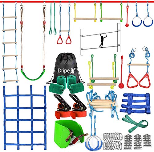 Dripex Slackline Kinder, Ninja Slackline 2×20m und Ninja Warrior Hindernisparcours Garten im Freien,Ninja Parcours Kinder mit Schaukel, Kletterleiter, Kletternetz und Baumschutz, geeignet für Anfänger von Dripex