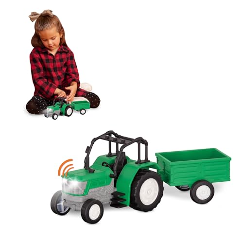 Driven Micro 2er Set Traktor und Anhänger 21 cm mit LED-Lichtern und Tönen – Spielzeugauto LKW mit Funktionen – Spielzeug ab 3 Jahren von Driven by Battat