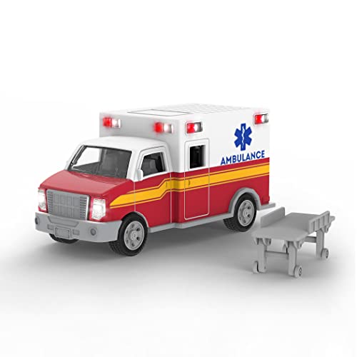 Driven Micro Krankenwagen 23 cm mit Lichtern und Tönen – Spielzeugauto mit Sirenen Geräusch, Funktionen und Krankentrage – Spielzeug ab 3 Jahren von Driven by Battat