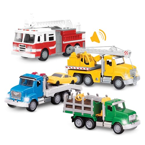 Driven Micro 4er Set Feuerwehr, Kran, Abschleppwagen und Holz Transport 20 cm – Spielzeugautos mit Geräuschen, Lichtern – Spielzeug LKWs ab 3 Jahren von Driven by Battat