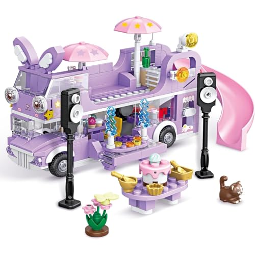 Bunny Camper Van Bausteine, 486 Teile Freundschafts Bus Baustein Set für Mädchen, Kompatibel mit L*** Friend, Camping Musik Auto Bausteine Spielzeug, Geschenke für Mädchen und Jungen von DrmBeyd