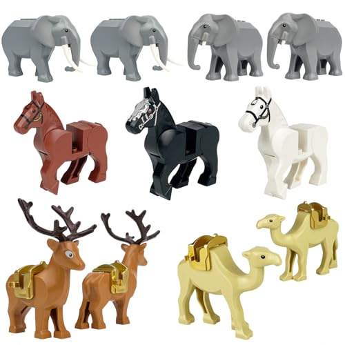 DrmBeyd 11 Stück Tier Minifiguren Bausteine Set, Dschungel Zoo Tierbaustein Bausatz with 4 Elefant, 2 Elch, 2 Kamel, 3 Pferd, DIY Tier Figuren Bausteine Modell, Kompatibel mit L*** von DrmBeyd