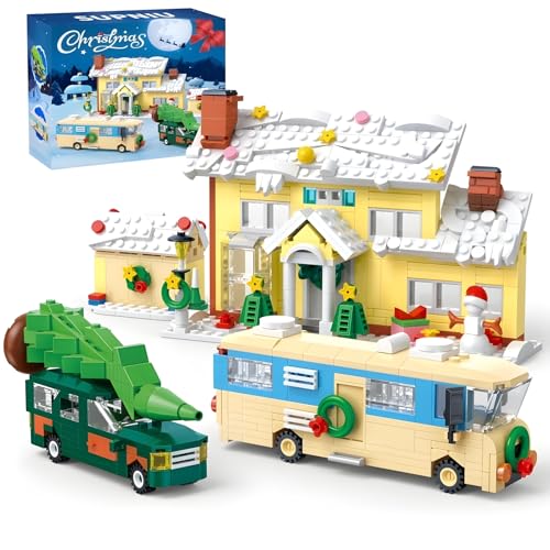 DrmBeyd 4 in 1 Schneehaus Pickup Garage Wohnmobil Bausteine Set, 650+ Teile Weihnachten Bausteine Spielzeug, Weihnachten Baustein Szene Deko, Weihnachts Geschenk für Erwachsene und Kinder von DrmBeyd