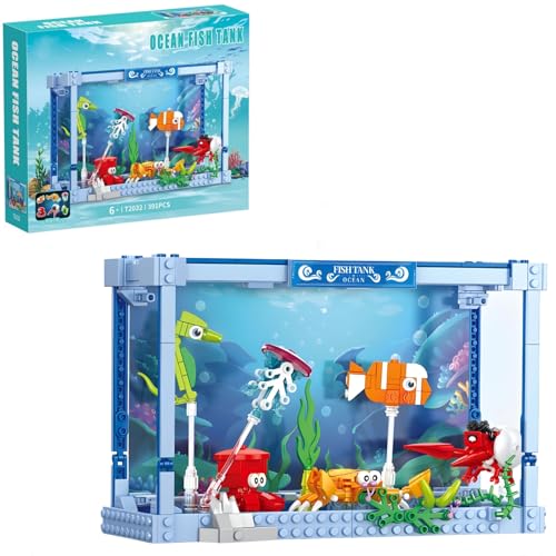 DrmBeyd Aquarium Baustein, Ideas Aquarium Bauspielzeug Enthalten Clownfische, Quallen, Seepferdchen, Krabben und Tintenfische 6 Meerestier Bausteine, Partygeschenke für Jungen und Mädchen, 391 Teile von DrmBeyd
