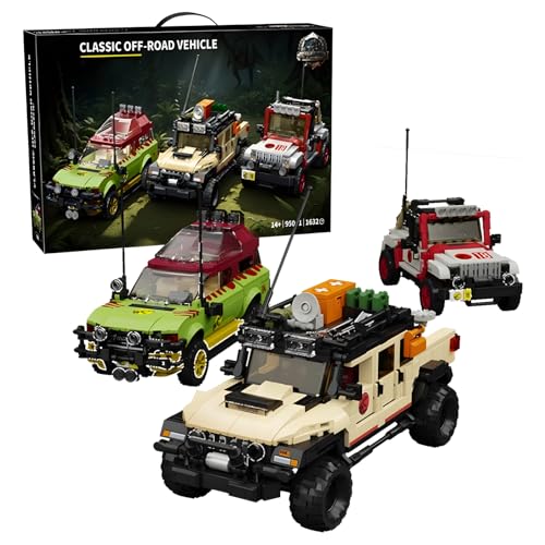 DrmBeyd Dinosaurier Auto Geländewagen Bausteine Set, 3 Autos Dinosaurier Welt Geländewagen Klemmbausteine Modell, 1632 Teile Off Road Auto Bausteine Geschenk für Erwachsene und Kinder von DrmBeyd