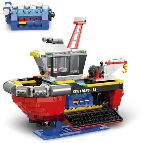 DrmBeyd Technik City Forschungsschiff Bausteine, Schwimmfähiges Boot Bausteine Spielzeug Boot mit Ständer, Geschenk für Jungen Mädchen, 438 PCS von DrmBeyd