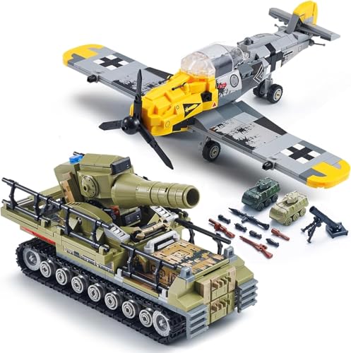 DrmBeyd Technik Militär Spielzeug Bausteine Set, BF109 Kampfflugzeug Klemmbausteine & Karl Selbstfahrender Mörser Panzer Bausteine, Militär Geschenke für Militärbegeisterte, 1015+ Teile von DrmBeyd