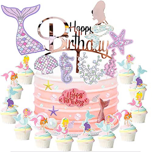 31 Stück Glitzer Meerjungfrau Tortendeko, Happy Birthday Tortendeko Meerjungfrau, Cupcake Cake Toppers Geburtstagdeko für Mädchen Frauen von Drookaen