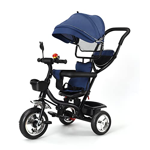 Drumm 4-in-1 Dreirad, erweiterbares Kinderdreirad, Pedal Dreirad Kinderwagen, abnehmbare Faltbare Sonnenblende und Verstellbarer Hauptstock, geneigte Rückenlehne, leise Räder (Blau) von Drumm