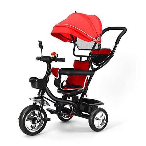 Drumm 4-in-1 Dreirad, erweiterbares Kinderdreirad, Pedal Dreirad Kinderwagen, abnehmbare Faltbare Sonnenblende und Verstellbarer Hauptstock, geneigte Rückenlehne, leise Räder (Rot) von Drumm