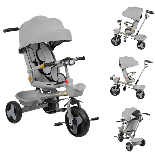 Drumm Dreirad 4-in-1, skalierbares Dreirad für Kinder, Dreirad mit Pedal, und abnehmbare Falt-Sonnenblende und verstellbarer Elternstock, für Kinder von 18 bis 48 Monaten (A-Grau) von Drumm