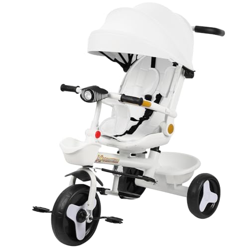 Drumm Dreirad 4-in-1, skalierbares Dreirad für Kinder, Dreirad mit Pedal, und abnehmbare Falt-Sonnenblende und verstellbarer Elternstock, für Kinder von 18 bis 48 Monaten (A-Weiß) von Drumm