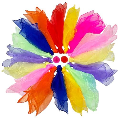 Druuzyl 18 Stück Square Jongliertücher Tanz Tücher Bunte Chiffontücher Bunte Tücher in 9 Farben 60x60cm Performance Schals für Kindergarten Kinder Party-Aktivitäten Zubehör Dekoration von Druuzyl