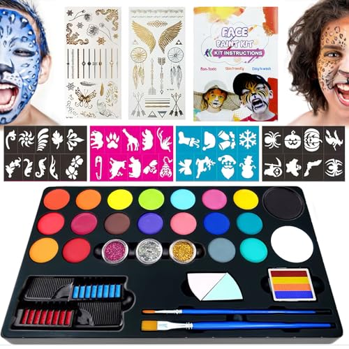 Druuzyl Kinderschminke Set 32 Stück - 20 Farben Professionelle Gesichtsfarbe für Kinder, Wasserbasierte Face Paint für Karneval, Geburtstag & Party (Sicher & Hautfreundlich, Inkl. Pinsel) von Druuzyl