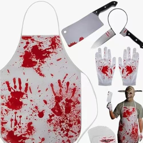 Dryxog 14 Stück Halloween Kostüm Herren Metzger Metzgerschürze mit Messer Axt Im Kopf und Narben Tattoos Horror Accessoires Blutige Schürze Haarreif Kostüme für Halloween Party Cosplay von Dryxog