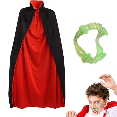 Dryxog 2 Stück Halloween Vampir Kostüm Umhang mit Vampir Kragen Zähne Schwarz Rot Cape Halloween Kostüm Beidseitig Accessoires Party Prop Geschenke für Kinder Jungen Mädchen Karneval Cosplay (120 cm) von Dryxog