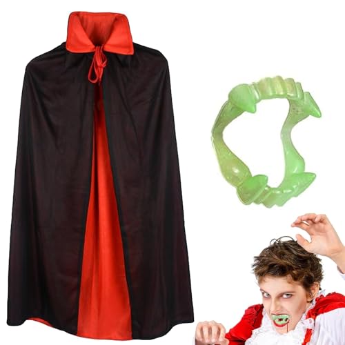 Dryxog 2 Stück Halloween Vampir Kostüm Umhang mit Vampir Kragen Zähne Schwarz Rot Cape Halloween Kostüm Beidseitig Accessoires Party Prop Geschenke für Kinder Jungen Mädchen Karneval Cosplay (90 cm) von Dryxog