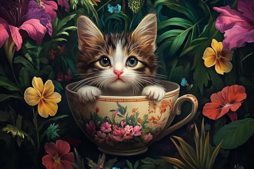 1000 Teile Erwachsenen-Puzzle, Kätzchen in einer Teetasse, Blumen-Puzzle für Zuhause, Wanddekoration, Lernspiele, Familienpuzzles, einzigartige Geschenke für Wandkunst von Dsawqezh