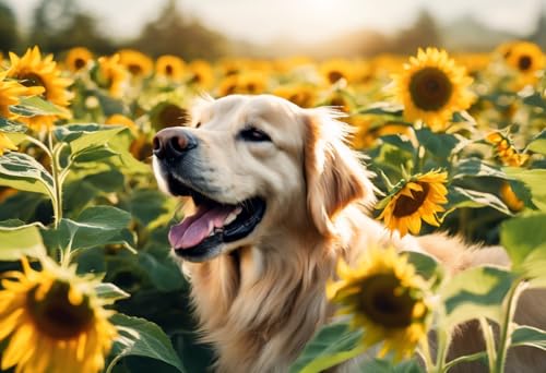 1000 Teile Puzzle für Erwachsene, herausforderndes Puzzle – Sommer-Sonnenblumen Golden Retriever – Puzzles für Jugendliche und Kinder, um ihr Gehirn zu trainieren, Holzpuzzle von Dsawqezh