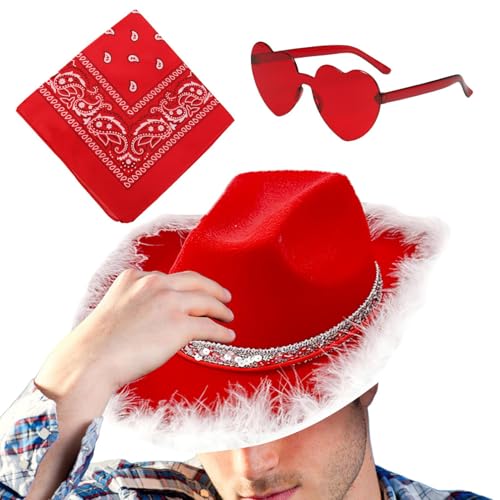 Dtaigou Weihnachtsmann-Cowboy-Hüte-Set | Cosplay-Westernhut, Party-Kopfbedeckung, 3 x Cowgirl-Hut, Vintage-Bandana-Herz-Brille, verstellbare Weihnachtsfeier, Western-Kostüm-Zubehör von Dtaigou