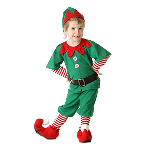Dubbulon Weihnachtselfenkostüm – Rot Und Grün Mit Oberteil, Hose, Mütze Und Gürtel | Kinderelfenkostüm Mädchen Jungen | Weihnachtselfen-Kostümset Für Erwachsene | Elfenkostüm Weihnachtselfenkleid Set von Dubbulon