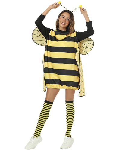 Dubute Bienenkostüm für Damen, Halloween, lustiges Outfit, Cosplay, Zubehör, Kleid, Flügel-Stirnband mit Fühlern, Strümpfen (Gelb, M) von Dubute