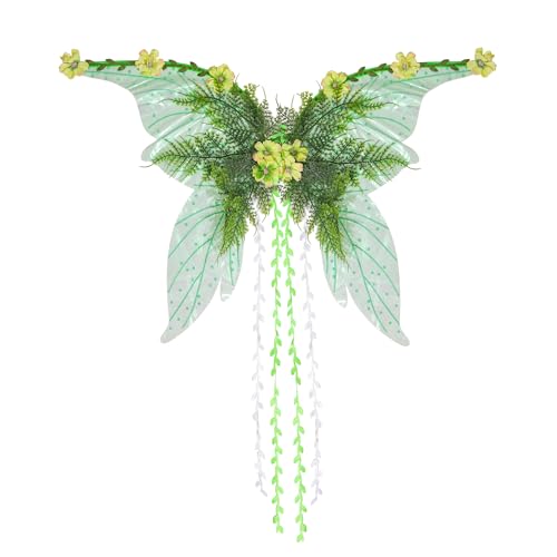 Dubute Feenflügel für Erwachsene und Frauen, Schmetterlingsflügel für Mädchen, Blumen und Blätter, Engelsflügel, Halloween-Kostüm, Verkleiden (Grün-C, Einheitsgröße) von Dubute